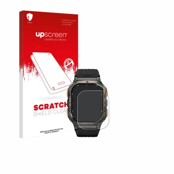 Parte frontal de un envase de producto con el logotipo de la marca upscreen. Al lado se muestra el dispositivo Kospet Tank M3 