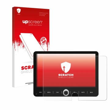 Parte frontal de un envase de producto con el logotipo de la marca upscreen. Al lado se muestra el dispositivo Dynavin D9-T5TP
