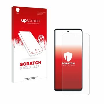 Parte frontal de un envase de producto con el logotipo de la marca upscreen. Al lado se muestra el dispositivo Oppo A60 con su