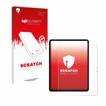 Parte frontal de un envase de producto con el logotipo de la marca upscreen. Al lado se muestra el dispositivo Apple iPad Air 
