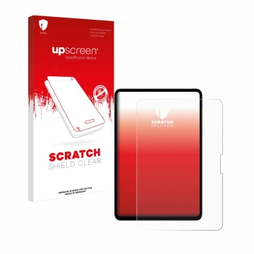 Parte frontal de un envase de producto con el logotipo de la marca upscreen. Al lado se muestra el dispositivo Apple iPad Pro 