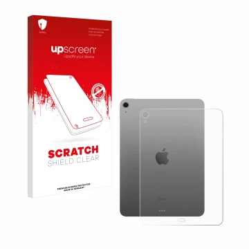 Parte frontal de un envase de producto con el logotipo de la marca upscreen. Al lado se muestra el dispositivo Apple iPad Air 