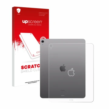 Parte frontal de un envase de producto con el logotipo de la marca upscreen. Al lado se muestra el dispositivo Apple iPad Air 