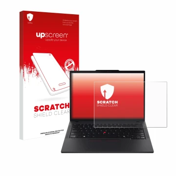 Parte frontal de un envase de producto con el logotipo de la marca upscreen. Al lado se muestra el dispositivo Lenovo ThinkPad