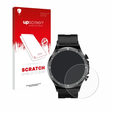 Parte frontal de un envase de producto con el logotipo de la marca upscreen. Al lado se muestra el dispositivo Sanorum Smartwa