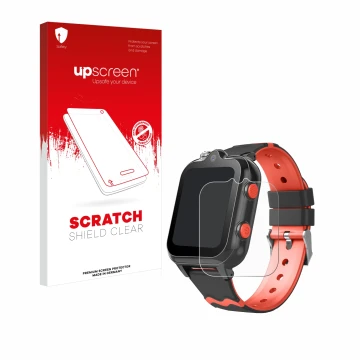 Parte frontal de un envase de producto con el logotipo de la marca upscreen. Al lado se muestra el dispositivo Yuede Kids Smar