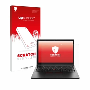Parte frontal de un envase de producto con el logotipo de la marca upscreen. Al lado se muestra el dispositivo Lenovo ThinkPad