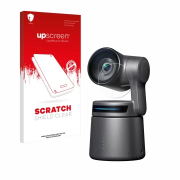 Parte frontal de un envase de producto con el logotipo de la marca upscreen. Al lado se muestra el dispositivo OBSBOT Tail Air