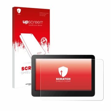 Parte frontal de un envase de producto con el logotipo de la marca upscreen. Al lado se muestra el dispositivo Wacom One 13 To