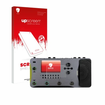 Parte frontal de un envase de producto con el logotipo de la marca upscreen. Al lado se muestra el dispositivo Mooer GE1000 co