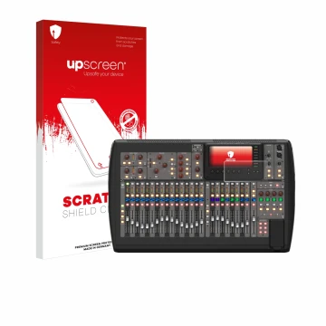 Parte frontal de un envase de producto con el logotipo de la marca upscreen. Al lado se muestra el dispositivo Behringer X32 c