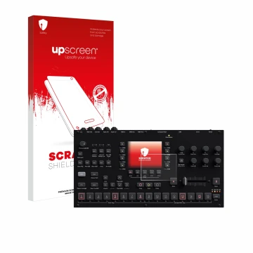 Parte frontal de un envase de producto con el logotipo de la marca upscreen. Al lado se muestra el dispositivo Elektron Octatr