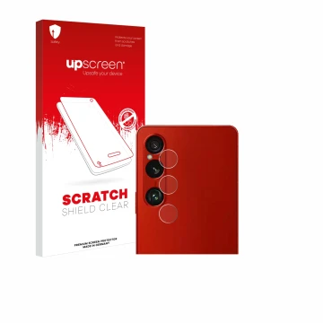 Parte frontal de un envase de producto con el logotipo de la marca upscreen. Al lado se muestra el dispositivo Sony Xperia 1 V