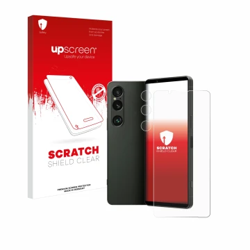 Parte frontal de un envase de producto con el logotipo de la marca upscreen. Al lado se muestra el dispositivo Sony Xperia 1 V