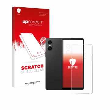 Parte frontal de un envase de producto con el logotipo de la marca upscreen. Al lado se muestra el dispositivo Sony Xperia 10 
