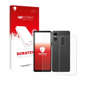 Parte frontal de un envase de producto con el logotipo de la marca upscreen. Al lado se muestra el dispositivo Sony Xperia 10 
