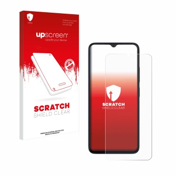 Parte frontal de un envase de producto con el logotipo de la marca upscreen. Al lado se muestra el dispositivo Wiko T20 con su
