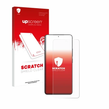 Parte frontal de un envase de producto con el logotipo de la marca upscreen. Al lado se muestra el dispositivo Xiaomi Poco F6 