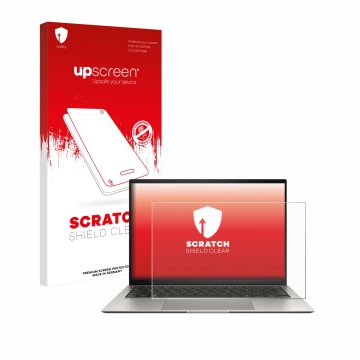 Parte frontal de un envase de producto con el logotipo de la marca upscreen. Al lado se muestra el dispositivo ASUS ZenBook S 