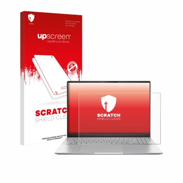 Parte frontal de un envase de producto con el logotipo de la marca upscreen. Al lado se muestra el dispositivo ASUS Vivobook S