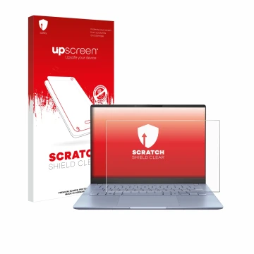 Parte frontal de un envase de producto con el logotipo de la marca upscreen. Al lado se muestra el dispositivo ASUS Vivobook S