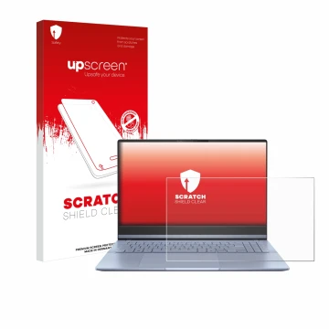 Parte frontal de un envase de producto con el logotipo de la marca upscreen. Al lado se muestra el dispositivo ASUS Vivobook S