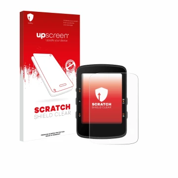 Parte frontal de un envase de producto con el logotipo de la marca upscreen. Al lado se muestra el dispositivo Bryton Rider 46