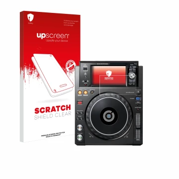 Parte frontal de un envase de producto con el logotipo de la marca upscreen. Al lado se muestra el dispositivo Pioneer XDJ -10