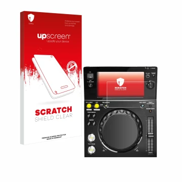 Parte frontal de un envase de producto con el logotipo de la marca upscreen. Al lado se muestra el dispositivo Pioneer XDJ -70