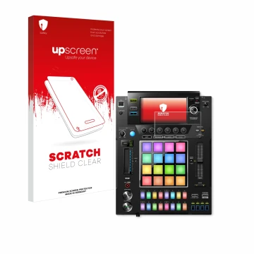 Parte frontal de un envase de producto con el logotipo de la marca upscreen. Al lado se muestra el dispositivo Pioneer DJS -10
