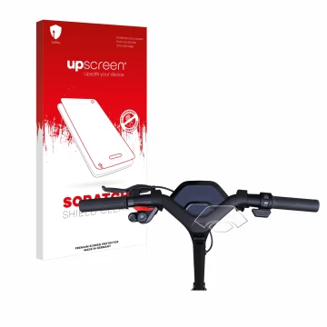 Parte frontal de un envase de producto con el logotipo de la marca upscreen. Al lado se muestra el dispositivo Segway Ninebot 