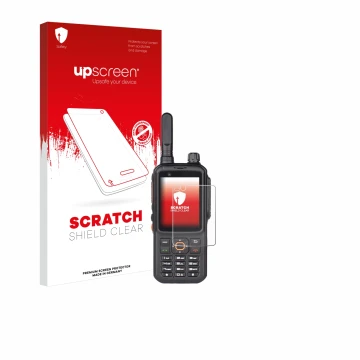 Parte frontal de un envase de producto con el logotipo de la marca upscreen. Al lado se muestra el dispositivo Inrico T320 con