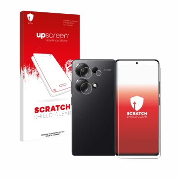 Parte frontal de un envase de producto con el logotipo de la marca upscreen. Al lado se muestra el dispositivo Xiaomi Redmi No