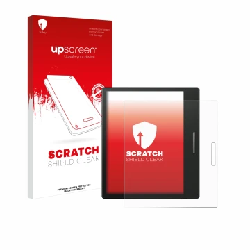 Parte frontal de un envase de producto con el logotipo de la marca upscreen. Al lado se muestra el dispositivo Boox Go Color 7