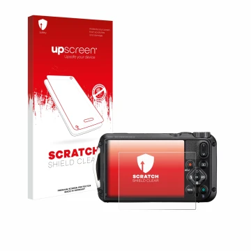 Parte frontal de un envase de producto con el logotipo de la marca upscreen. Al lado se muestra el dispositivo Ricoh Pentax WG
