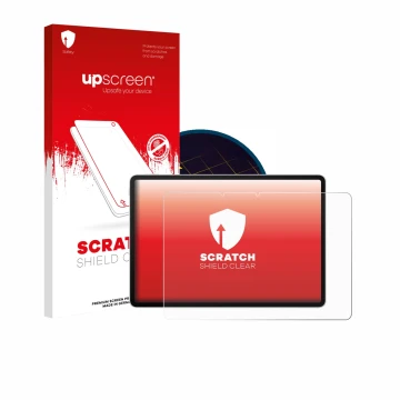 Parte frontal de un envase de producto con el logotipo de la marca upscreen. Al lado se muestra el dispositivo Huawei MatePad 