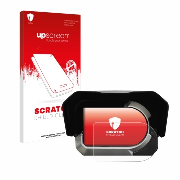 Parte frontal de un envase de producto con el logotipo de la marca upscreen. Al lado se muestra el dispositivo Kymco CV3 con s