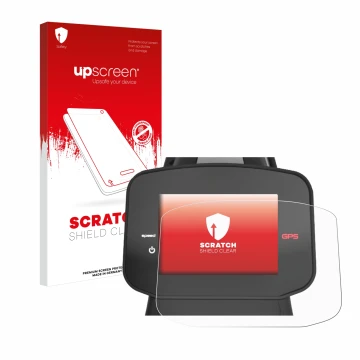 Parte frontal de un envase de producto con el logotipo de la marca upscreen. Al lado se muestra el dispositivo PowaKaddy FX7 G