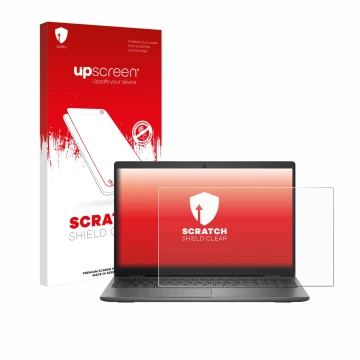 Parte frontal de un envase de producto con el logotipo de la marca upscreen. Al lado se muestra el dispositivo Dell Latitude 1