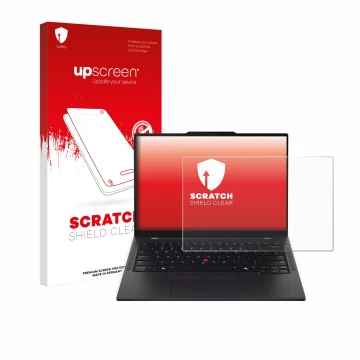 Parte frontal de un envase de producto con el logotipo de la marca upscreen. Al lado se muestra el dispositivo Lenovo ThinkPad