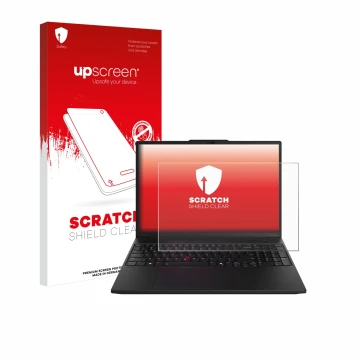 Parte frontal de un envase de producto con el logotipo de la marca upscreen. Al lado se muestra el dispositivo Lenovo ThinkPad