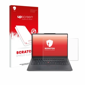 Parte frontal de un envase de producto con el logotipo de la marca upscreen. Al lado se muestra el dispositivo Lenovo ThinkPad