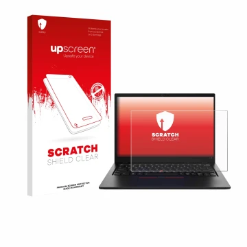 Parte frontal de un envase de producto con el logotipo de la marca upscreen. Al lado se muestra el dispositivo Lenovo ThinkPad