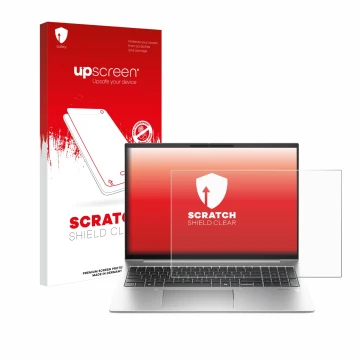 Parte frontal de un envase de producto con el logotipo de la marca upscreen. Al lado se muestra el dispositivo HP EliteBook 86