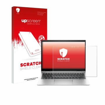Parte frontal de un envase de producto con el logotipo de la marca upscreen. Al lado se muestra el dispositivo HP Elite x360 8
