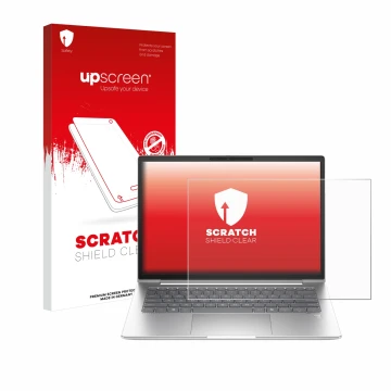 Parte frontal de un envase de producto con el logotipo de la marca upscreen. Al lado se muestra el dispositivo HP EliteBook 66