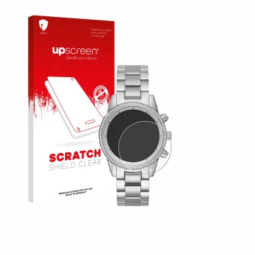 Parte frontal de un envase de producto con el logotipo de la marca upscreen. Al lado se muestra el dispositivo Michael Kors Ri