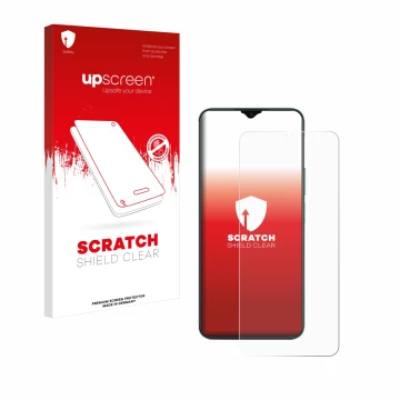 Parte frontal de un envase de producto con el logotipo de la marca upscreen. Al lado se muestra el dispositivo Honor X6b con s