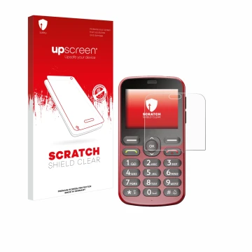 Parte frontal de un envase de producto con el logotipo de la marca upscreen. Al lado se muestra el dispositivo Doro 1880 con s