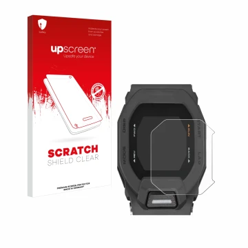 Parte frontal de un envase de producto con el logotipo de la marca upscreen. Al lado se muestra el dispositivo Casio G-Shock G